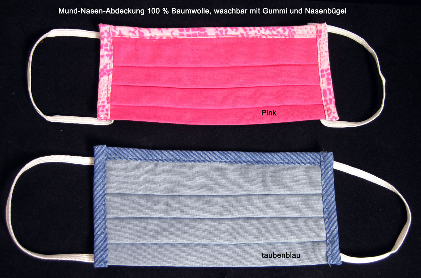 maske_ping-taubenblau_gruppe Waschbare Mund-Nasen-Abdeckung aus 100 % Bw ca. 17x10 cm pink-bunt mit Gummi