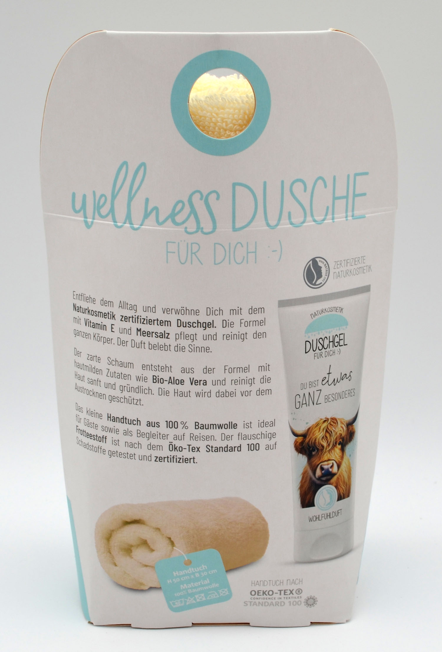 Wellness-Dusche für Dich Handtuch und Duschgel Spruch mit Highland-Rind
