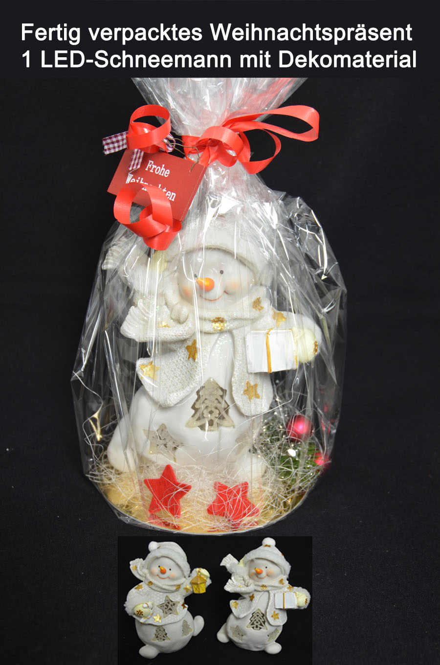Weihnachtspräsent fertig verpackt Poly-Schneemann mit LED