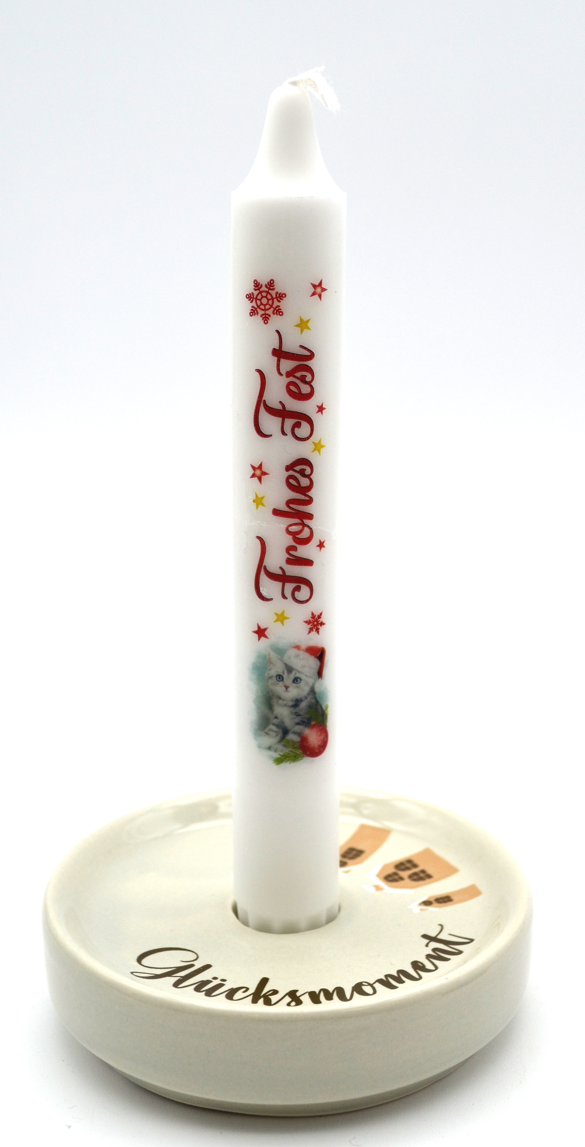 1 Kerzenleuchter rund "Glücksmoment" Schriftzug Porzellan D 10 cm weiss