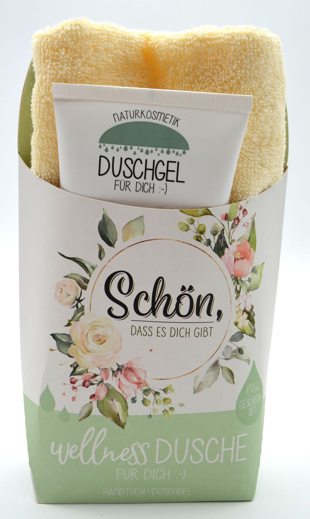 Wellness-Dusche für Dich Handtuch und Duschgel Blumen