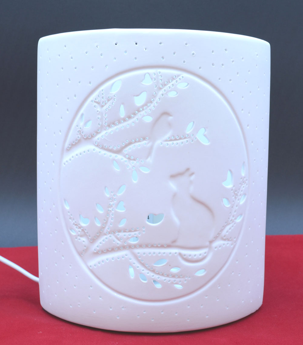 Porzellan-Lampe Ellipse Katzenmotiv weiß ca.20 x 17 x 10 cm (H/B/T) 