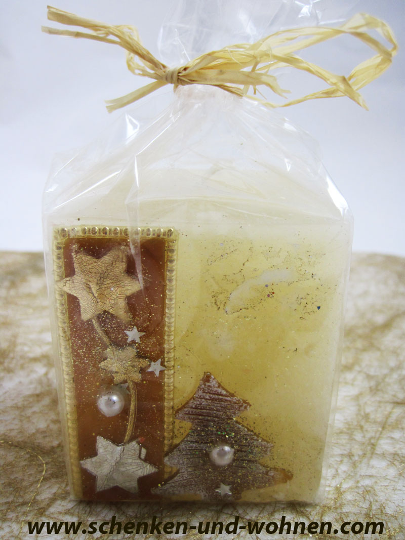 Kerze Creme-Gold mit Dekor ca. 7 x 6 x 6 cm (H/B/T)