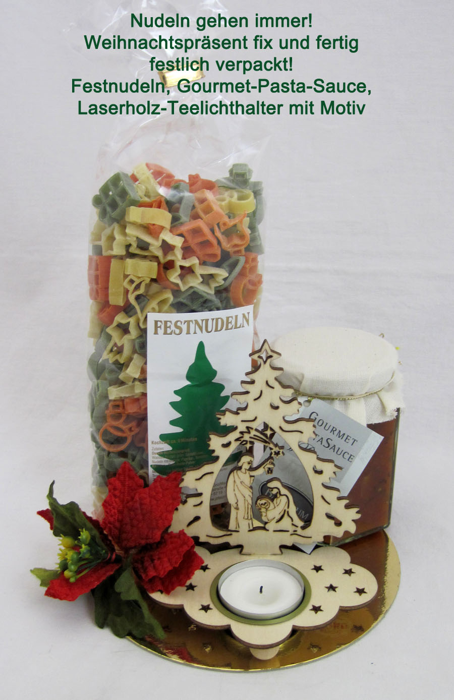 weihnachtsnudeln_mit_laserholzteelicht_1 Nudelpräsent mit Gourmet-Soße und Laserholz-Teelicht