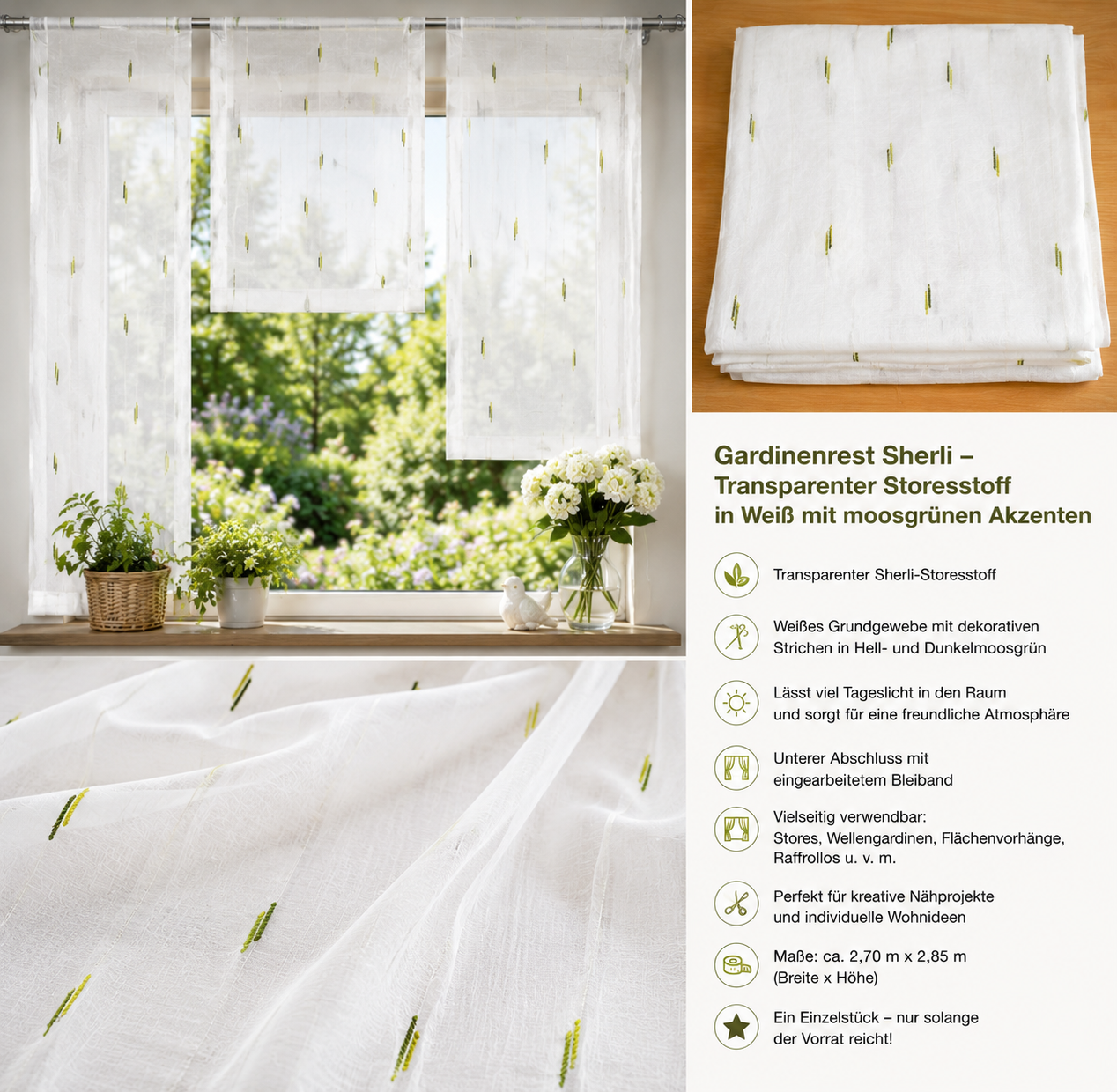 Gardinenrest Stores Sherli 1,60 x 3,20 m (HxL) weiss-moosgrün