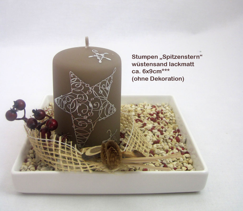 Stumpenkerze "Spitzenstern" wüstensand ca.6 x 9 cm