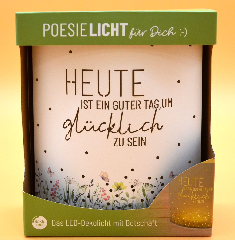 LED-Laterne Poesielicht glücklich sein zum Stehen oder Hängen mit Timer 16x13,x5 cm