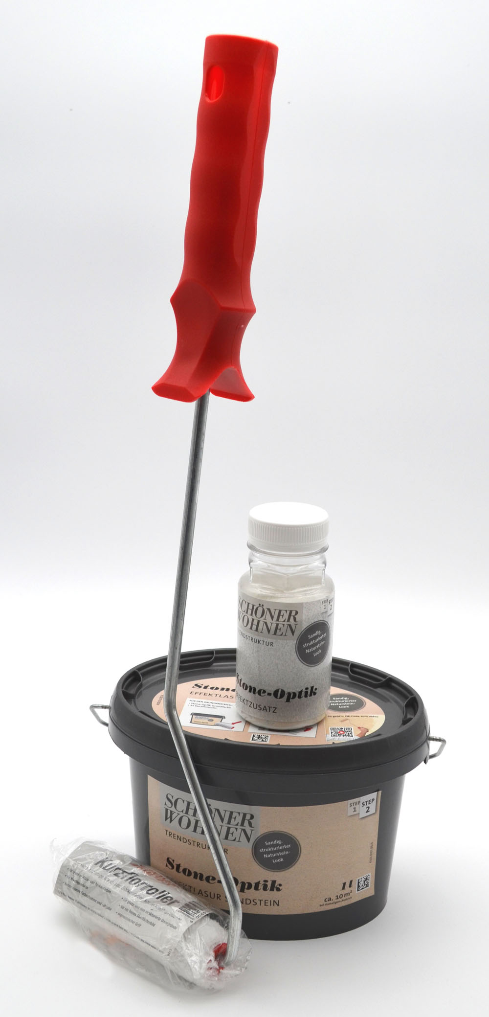 Stone-Optik Effektlasur Sandstein 1 l mit Effektzusatz und Roller Stone-Optik Effektlasur Sandstein 1 l mit Effektzusatz und Roller