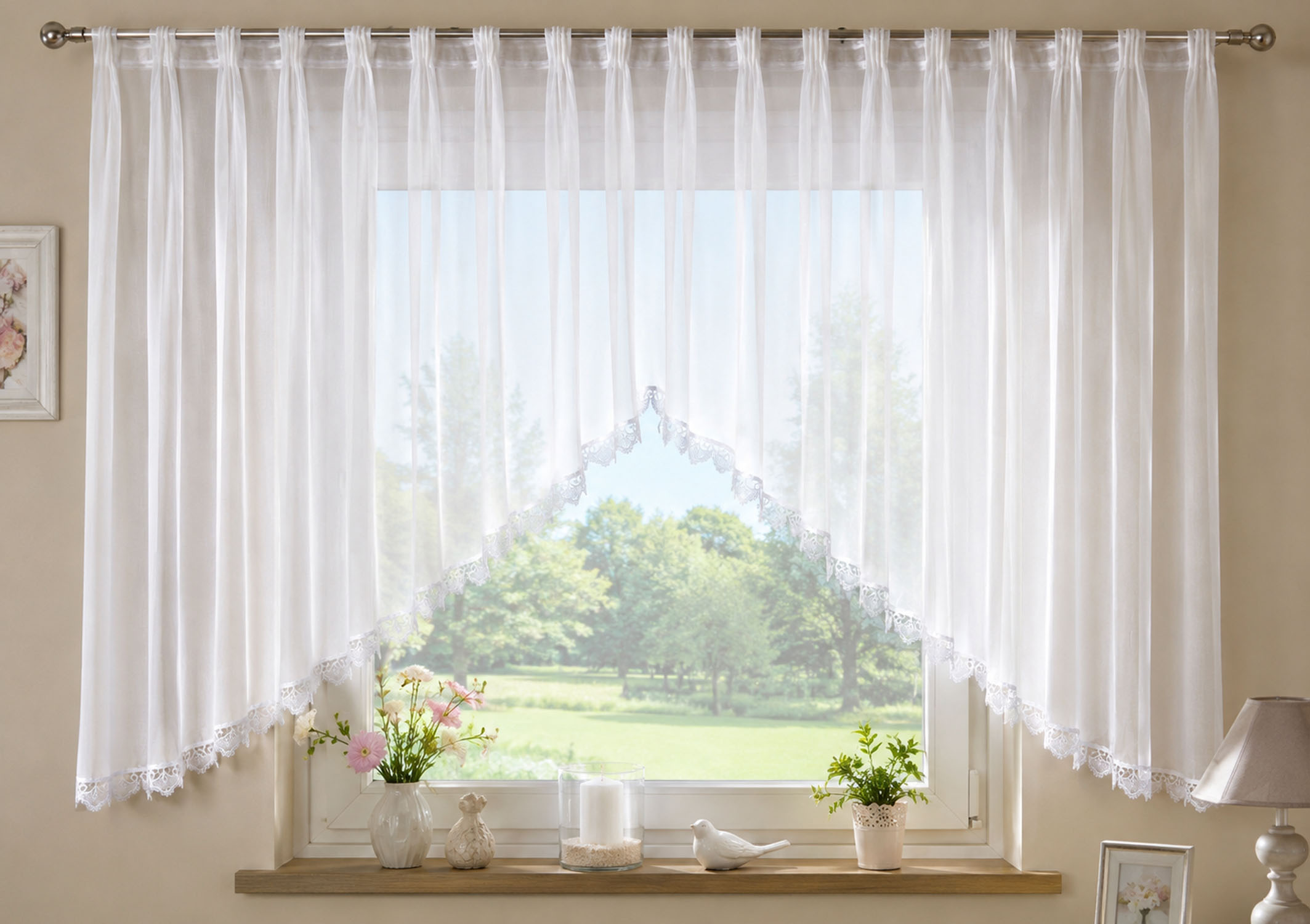 Fertigstore Weiß mit Makramé-Spitze transparente Gardine 210x163/62 cm (BxH)