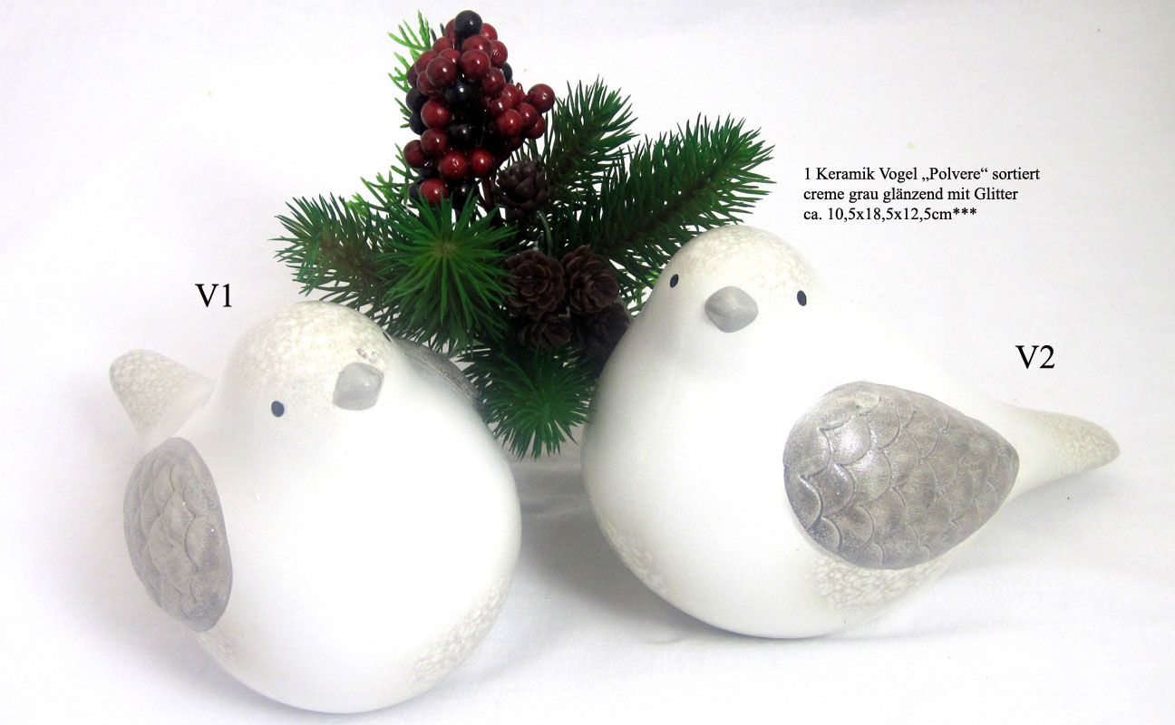 Vogel Polvere creme grau glänzend mit Glitter, sortiert ca. 10,5x18,5x12,5cm