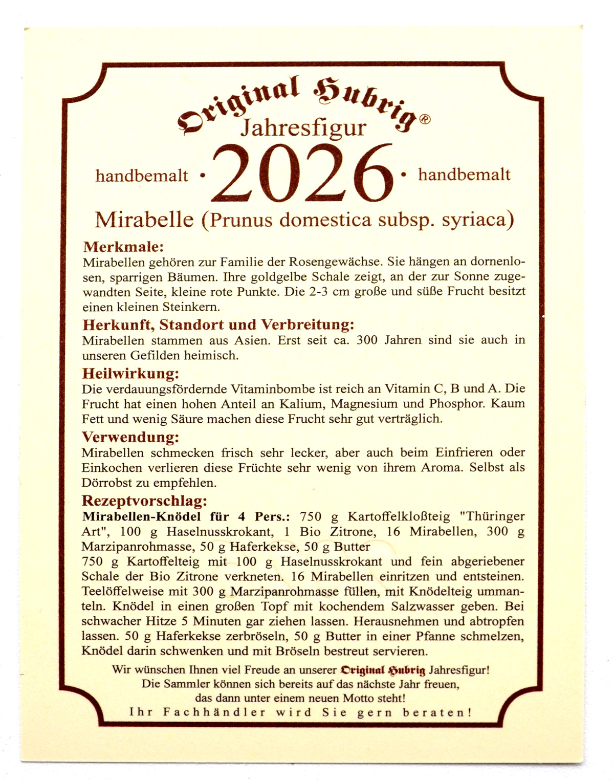 Jahresfigur 2026 Mirabelle mit Zertifikat - Hubrig 
