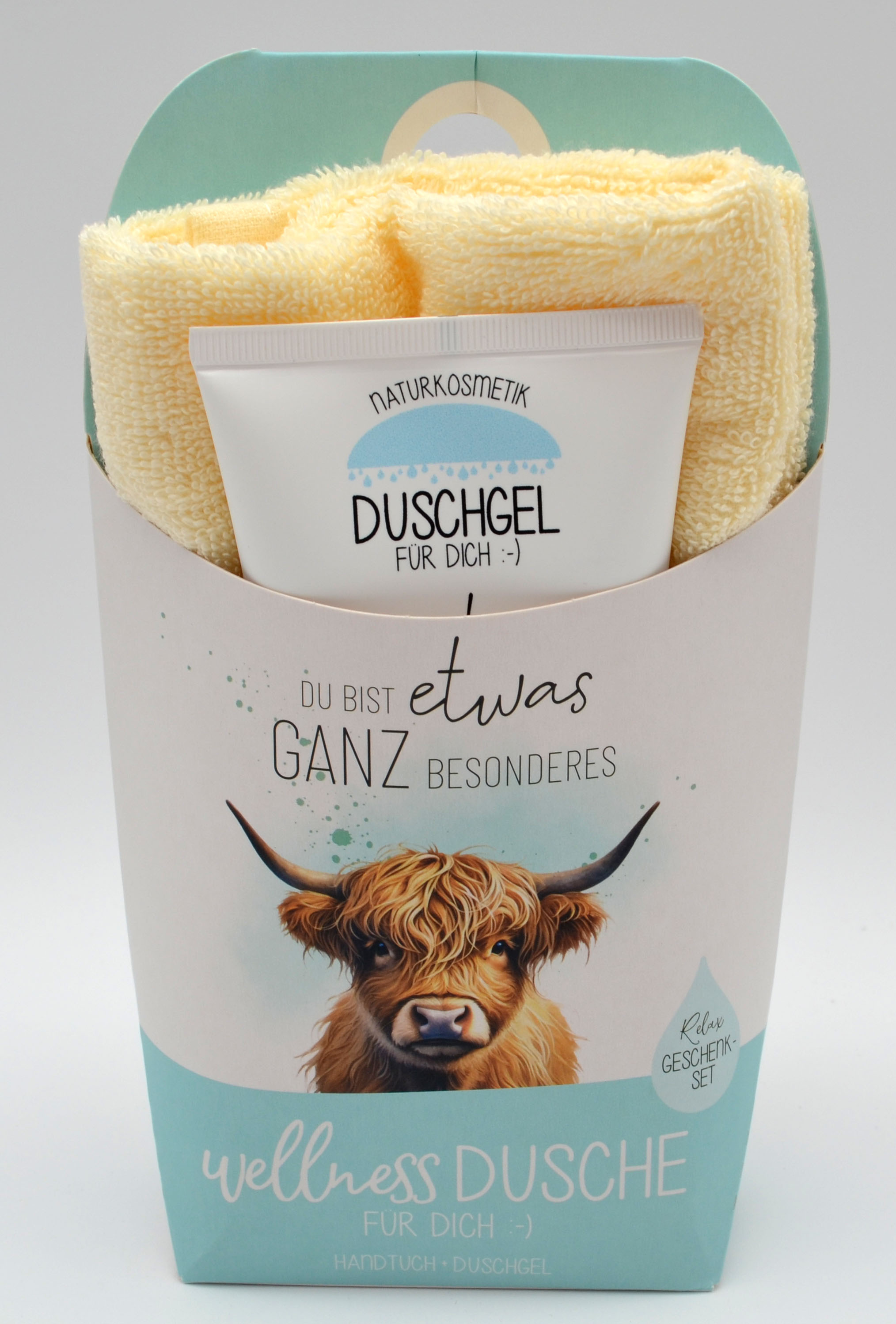 Wellness-Dusche für Dich Handtuch und Duschgel Spruch mit Highland-Rind