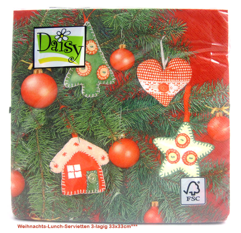 Weihnachts-Lunch-Servietten Tanne mit Behang, 20 Stück 33 x 33 cm