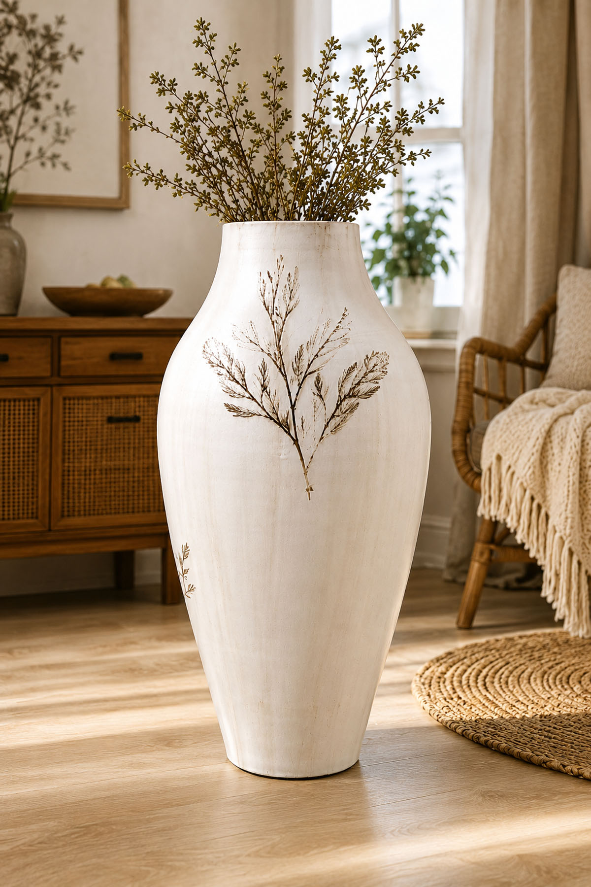 Keramik Vase Bodenvase "Zweig" Creme ca.26x52cm B//H