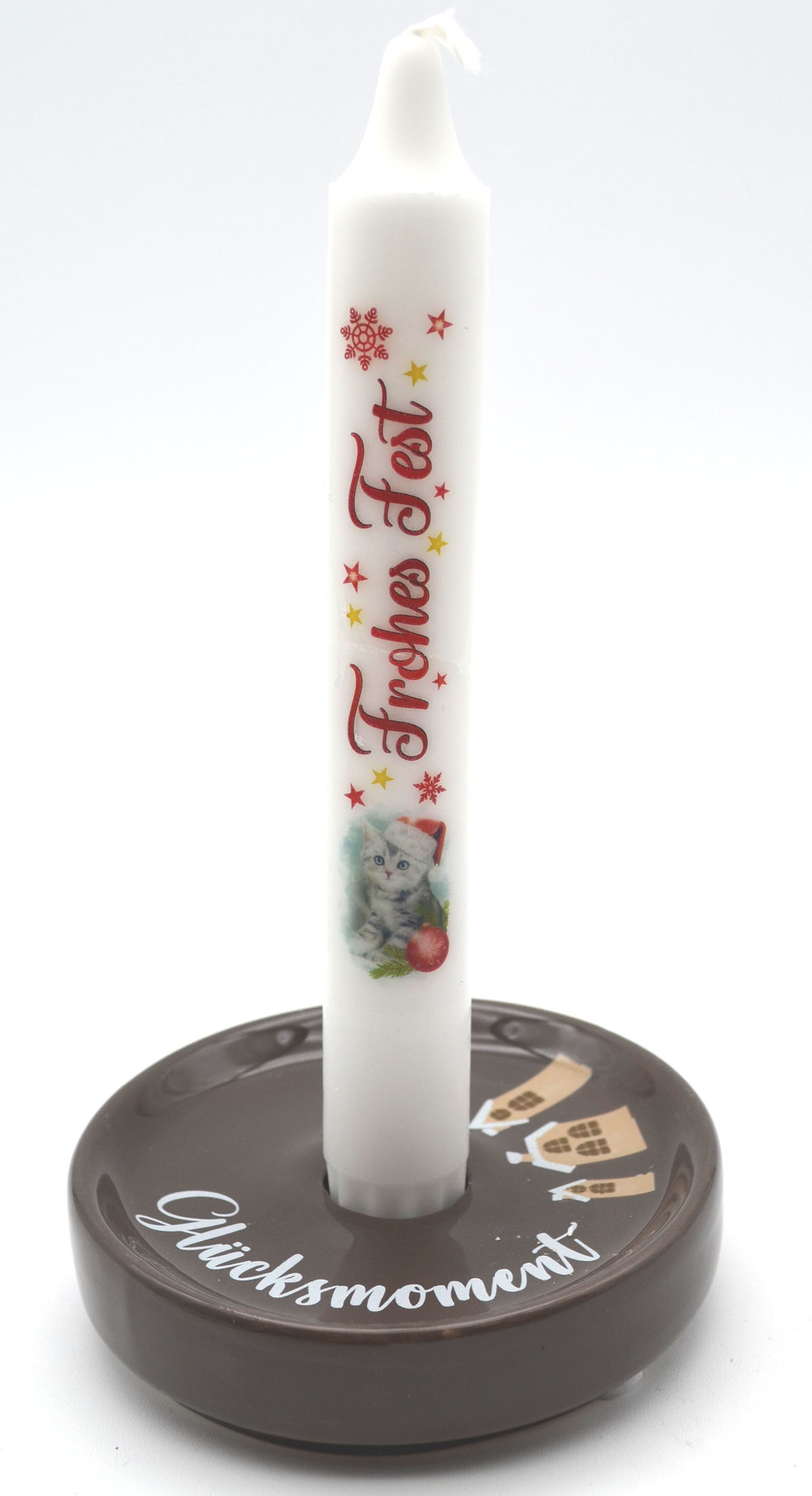 1 Kerzenleuchter rund "Glücksmoment" Schriftzug Porzellan D 10 cm braun