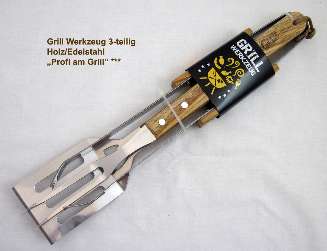 Grill Werkzeug 3-teilig Holz/Edelstahl „Profi am Grill"