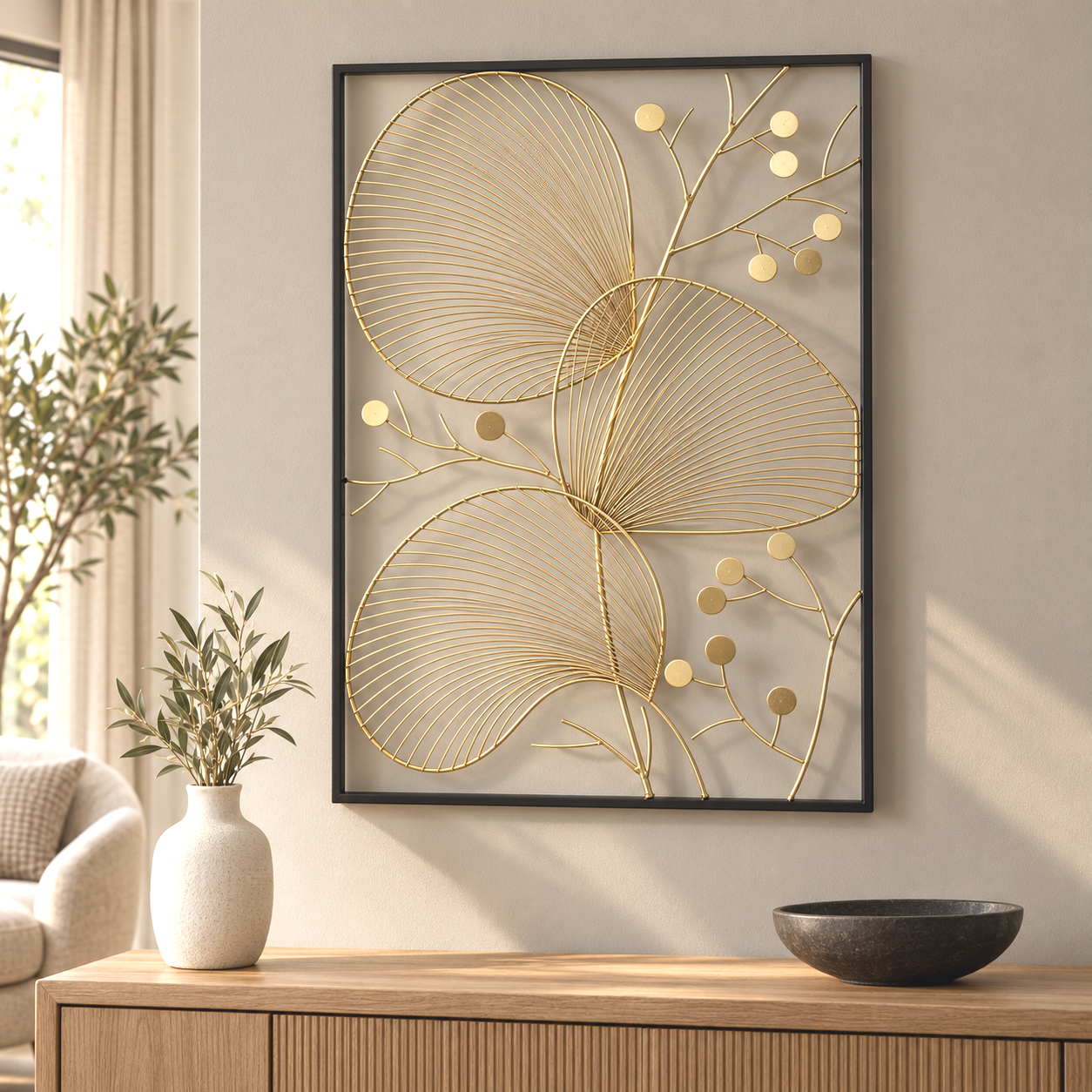 Wandrelief „Pandori“ aus Metall Schwarz und Gold, 51 × 76 cm