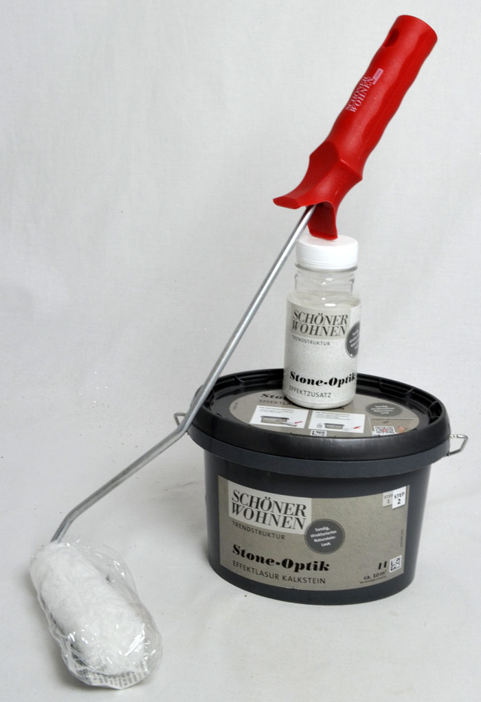 Stone-Optik Effektlasur Kalkstein 1 l mit Effektzusatz und Roller