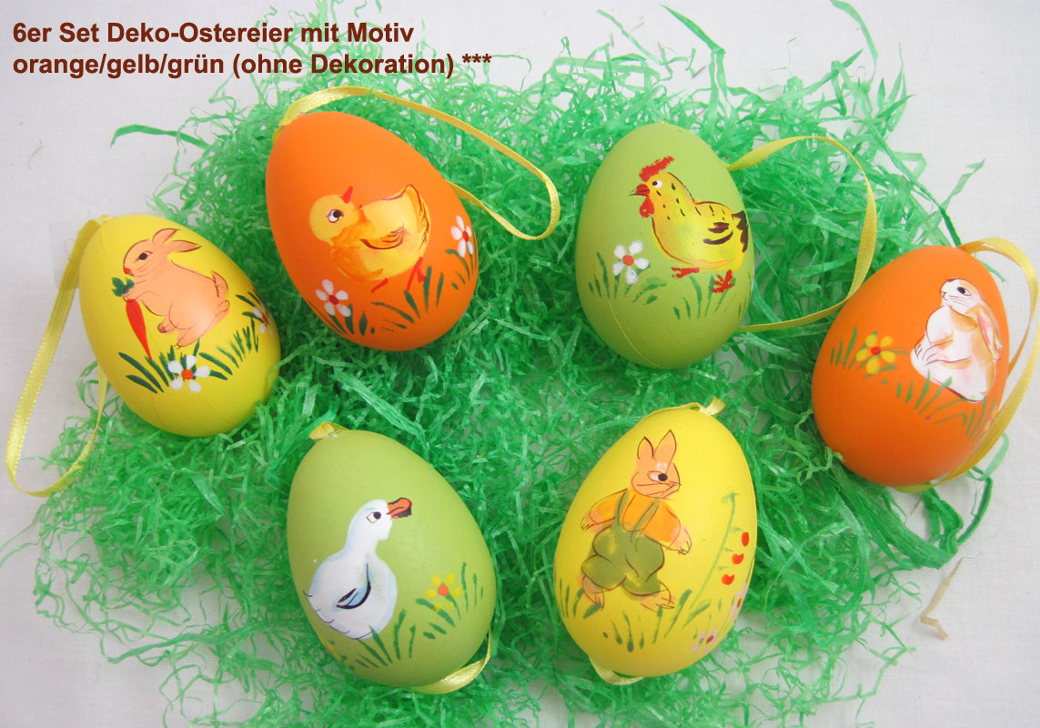 6er Set Deko-Ostereier mit Motiv, grün/gelb/orange