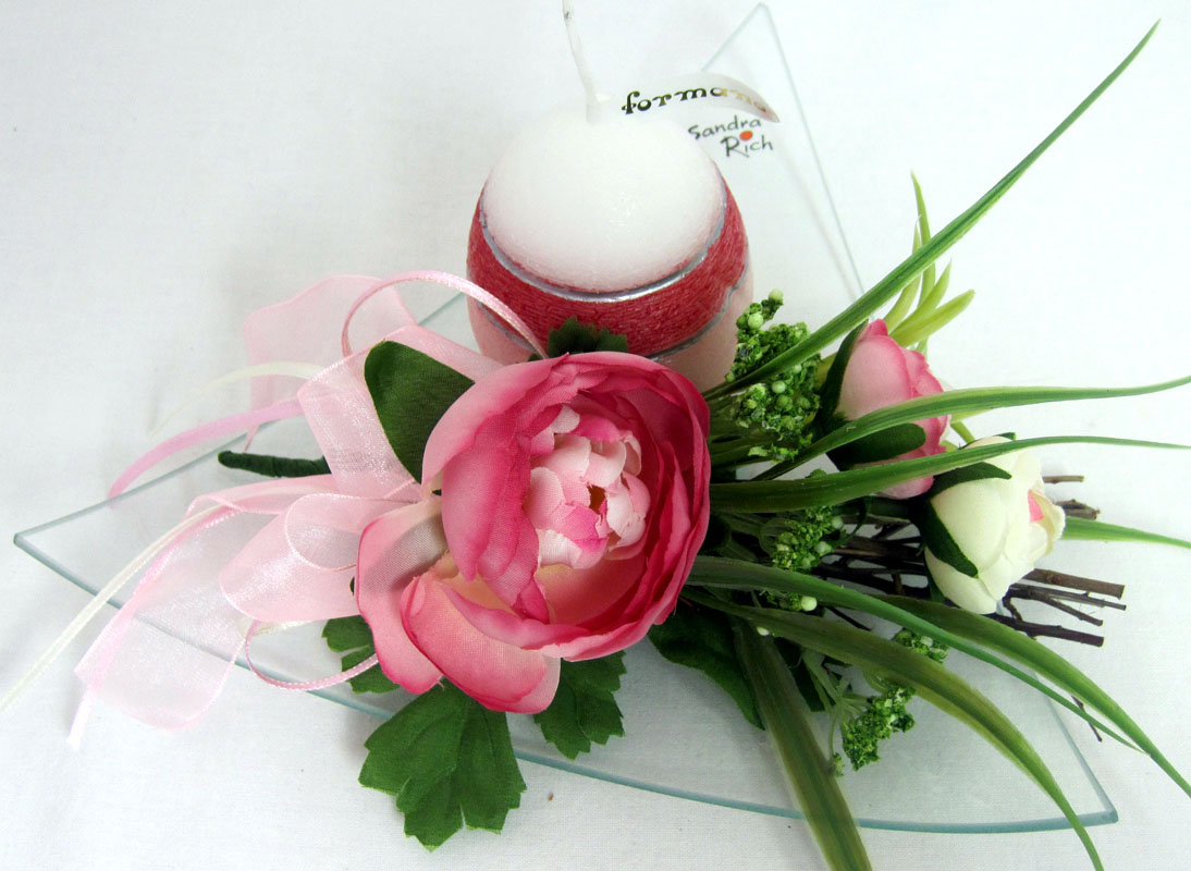 Tischdeko Ranunkel mit 3 Blüten und Schleife, rosa/weiß/grün ca.18cm