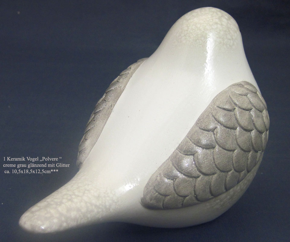 Vogel Polvere creme grau glänzend mit Glitter, sortiert ca. 10,5x18,5x12,5cm