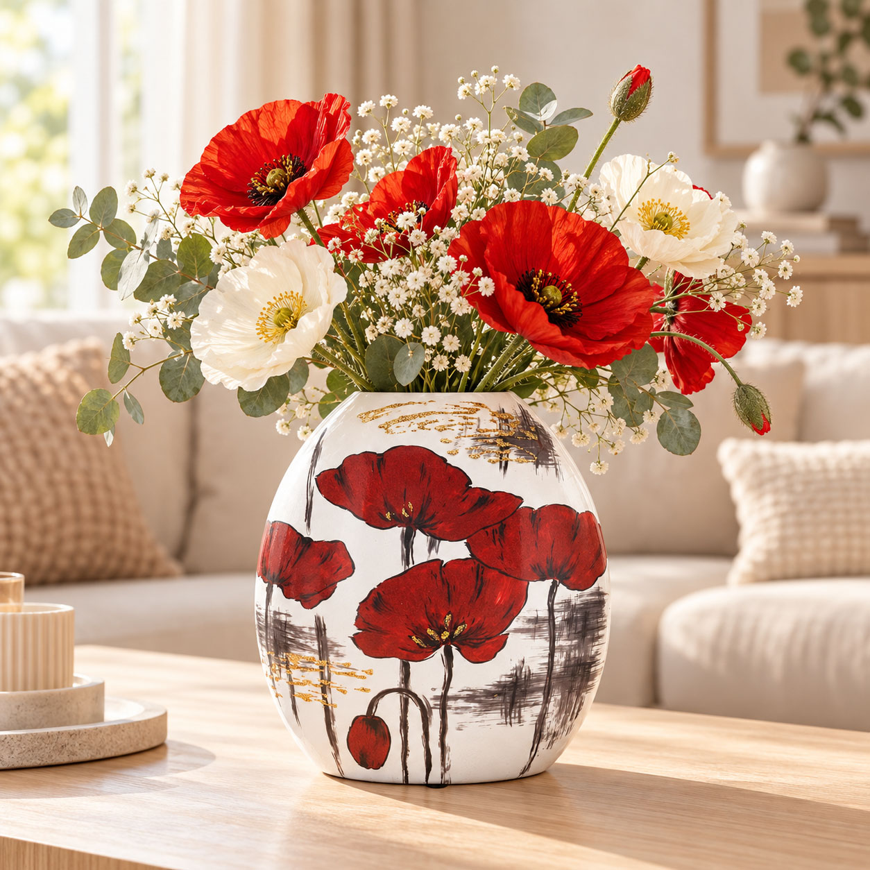 Keramik-Vase Mohnblumen 30 cm – Weiß, Rot und Gold