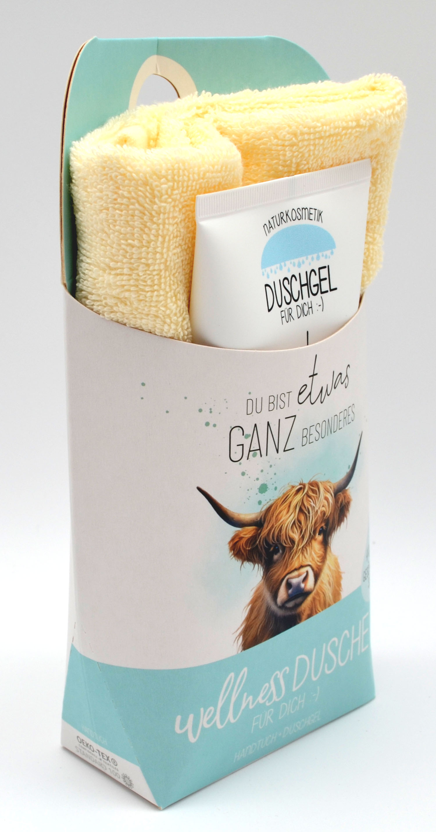 Wellness-Dusche für Dich Handtuch und Duschgel Spruch mit Highland-Rind