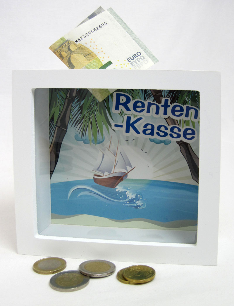 1 Bilderrahmen-Spardose "Renten-Kasse" weiß-farbig ca. 15x5x15cm B/T/H
