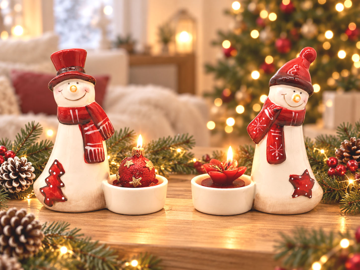 Keramik-Teelichthalter Schneemann Erik 12,6 cm mit Zylinder