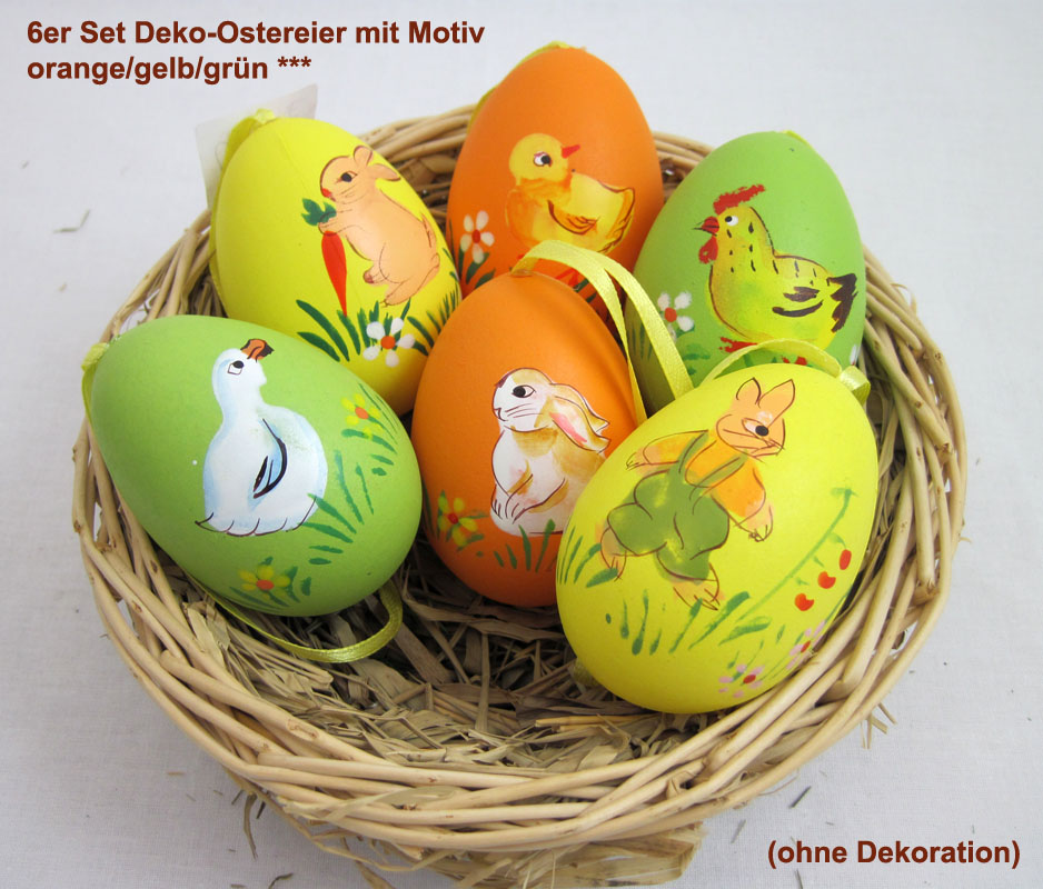 6er Set Deko-Ostereier mit Motiv, grün/gelb/orange
