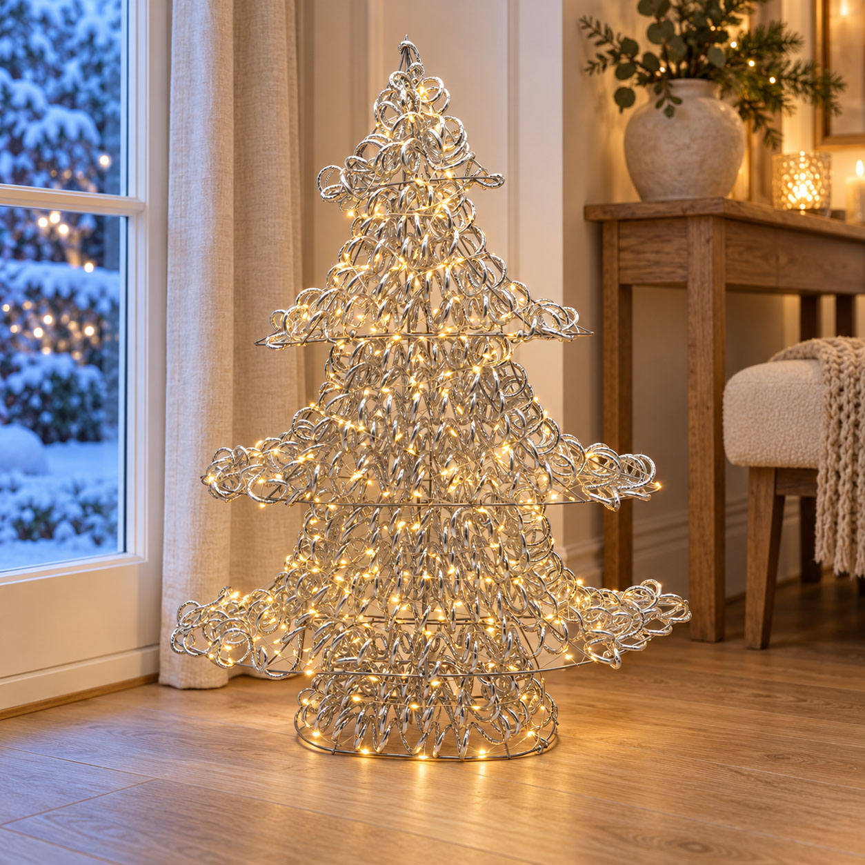 LED-Metalltanne silber 58 cm – 400 LEDs, Timer, Fernbedienung und Adapter