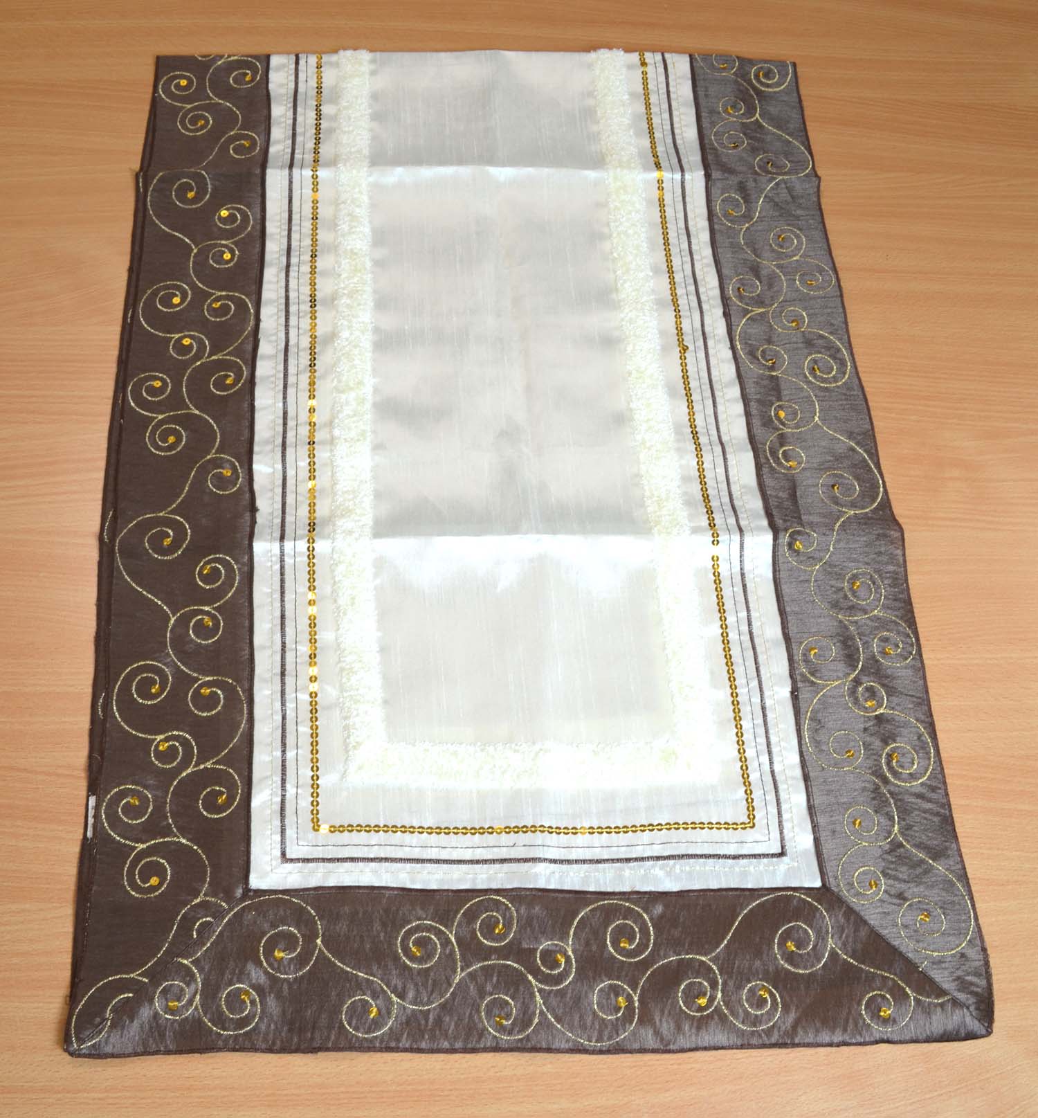 Tischläufer Tischband 50 x 150 creme-braun-gold mit Pailetten