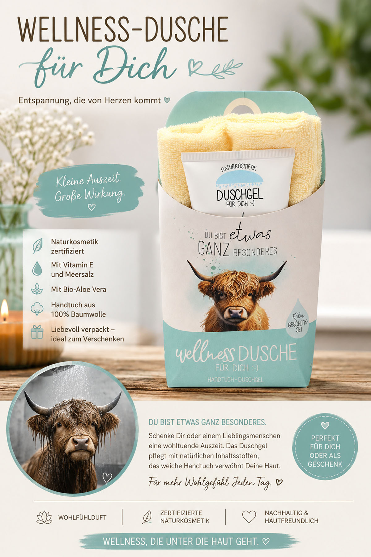 Wellness-Dusche für Dich Handtuch und Duschgel Spruch mit Highland-Rind