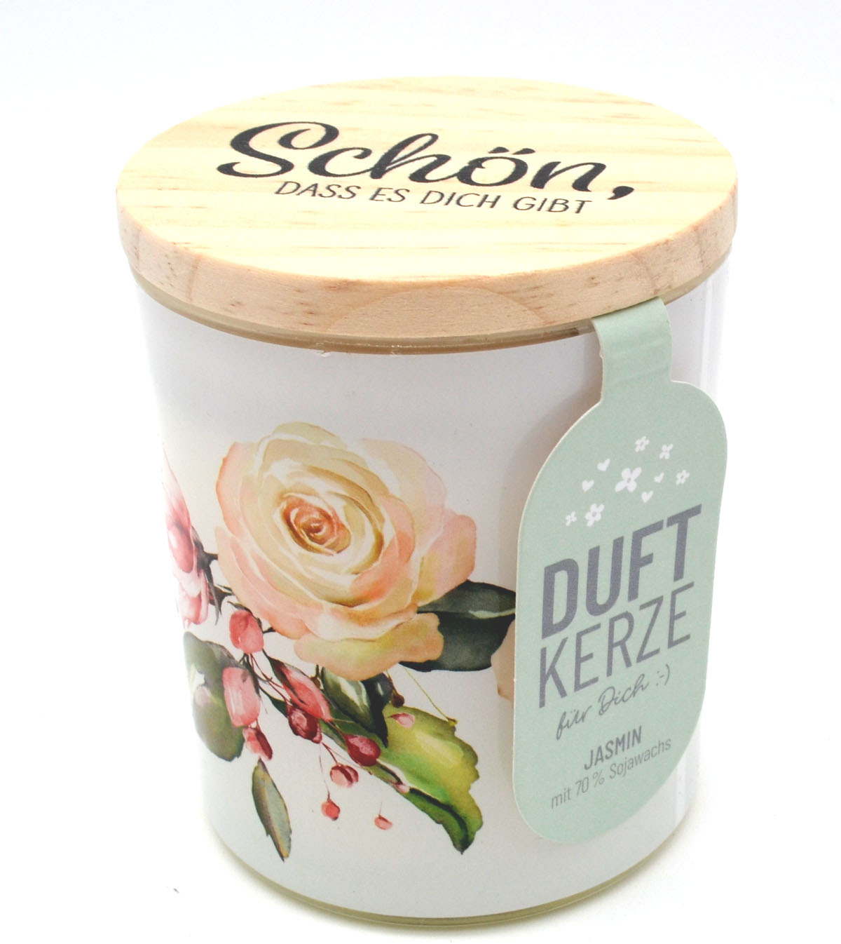 Duftkerze Jasmin „Schön, dass es dich gibt“  Blumenmotiv 30 Std. Brenndauer 8,5 cm