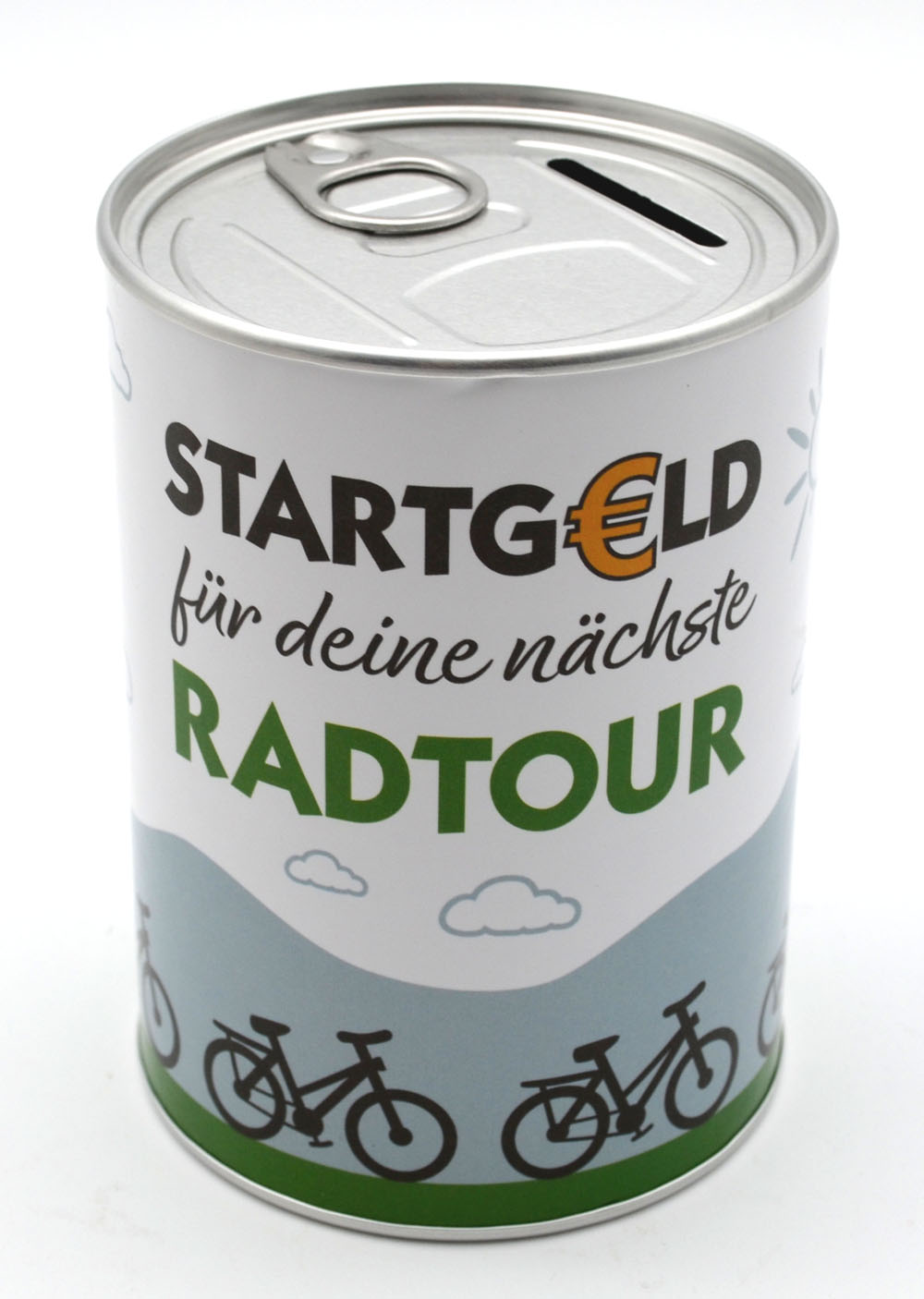 Metall-Spardose "Startgeld Radtour" bunt ca. 8,5x8,5x12 cm (T/B/H) 