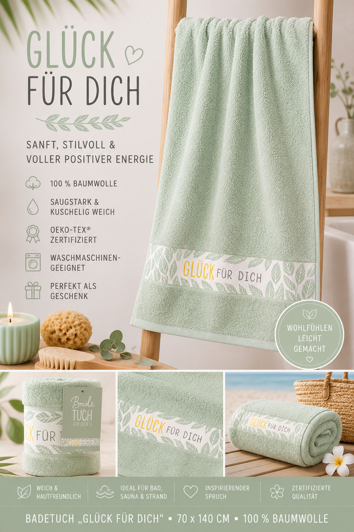 Badetuch Strandtuch "Glück für Dich" 70x140 cm mintgrün