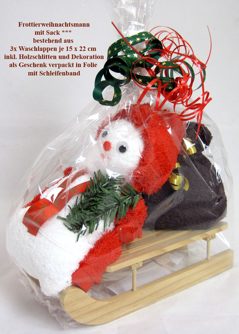 Frottierweihnachtsmann mit Sack inkl. Holzschlitten & weihnachtl.Dekoration