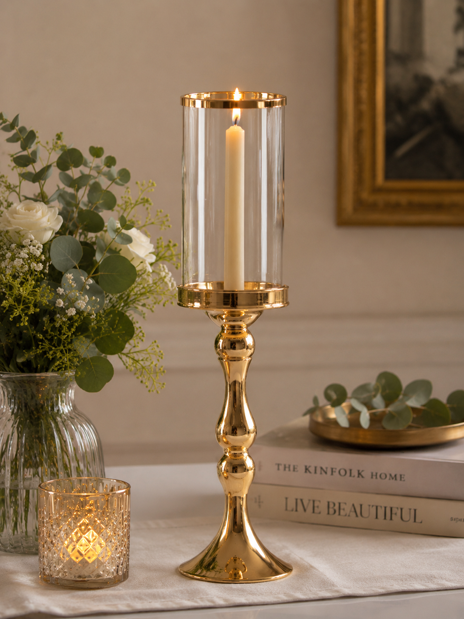 Metall Windlicht mit Glas gold für Stumpe und Spitzkerze ca.36,5x11x11cm H/B/T