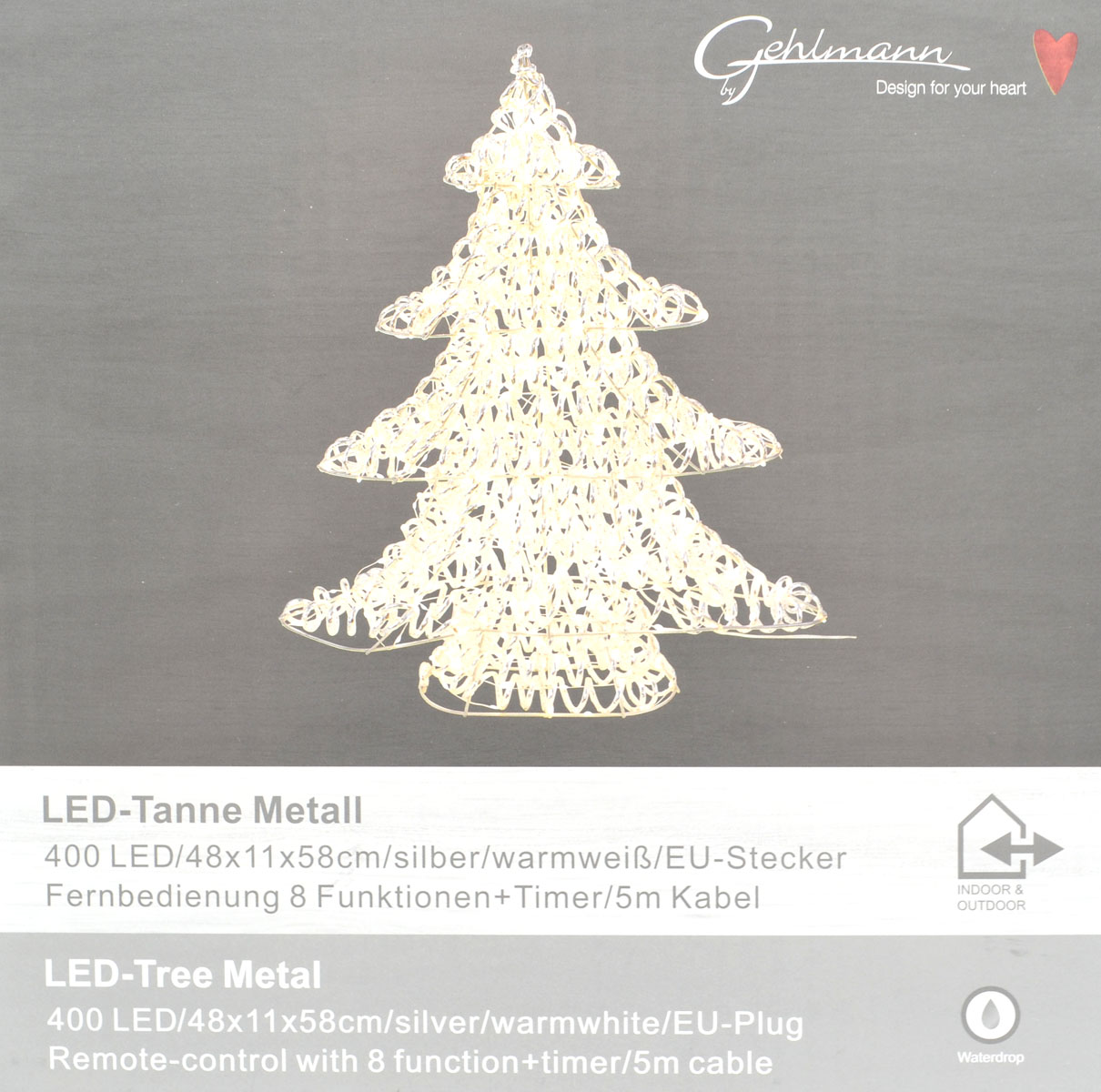LED-Metalltanne silber 58 cm – 400 LEDs, Timer, Fernbedienung und Adapter