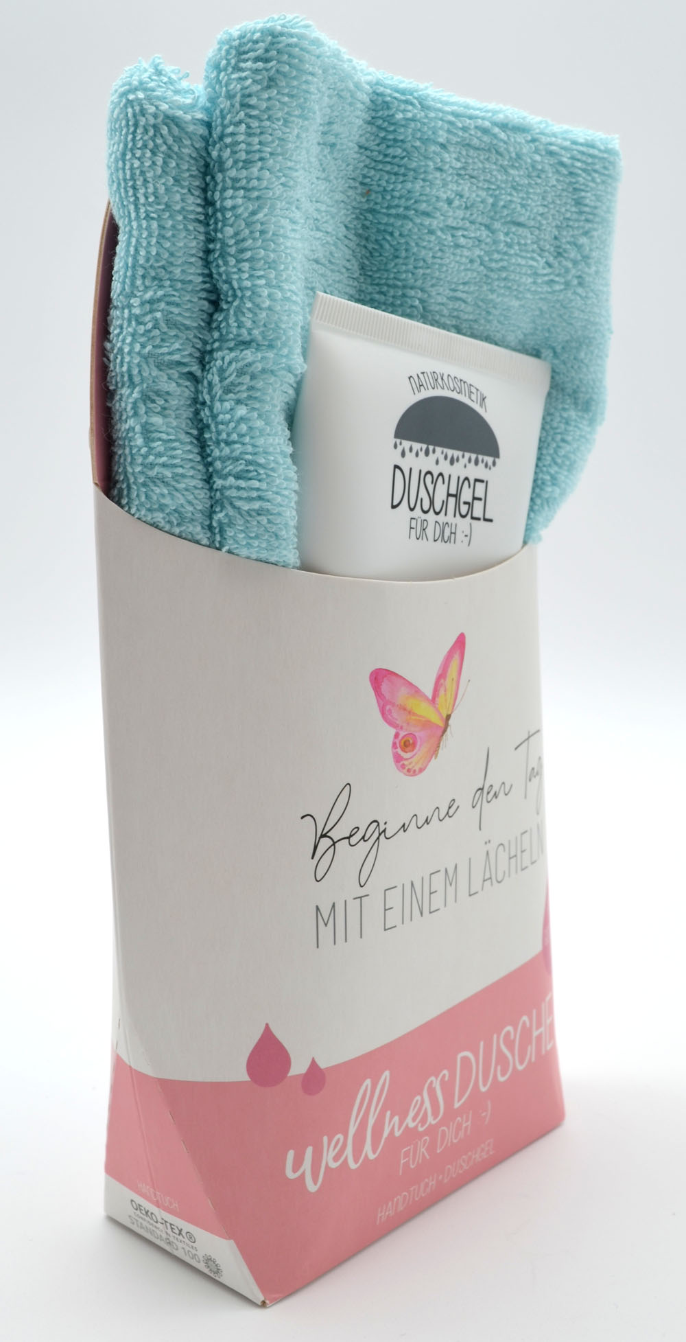 Wellness-Dusche für Dich Handtuch und Duschgel Lächeln
