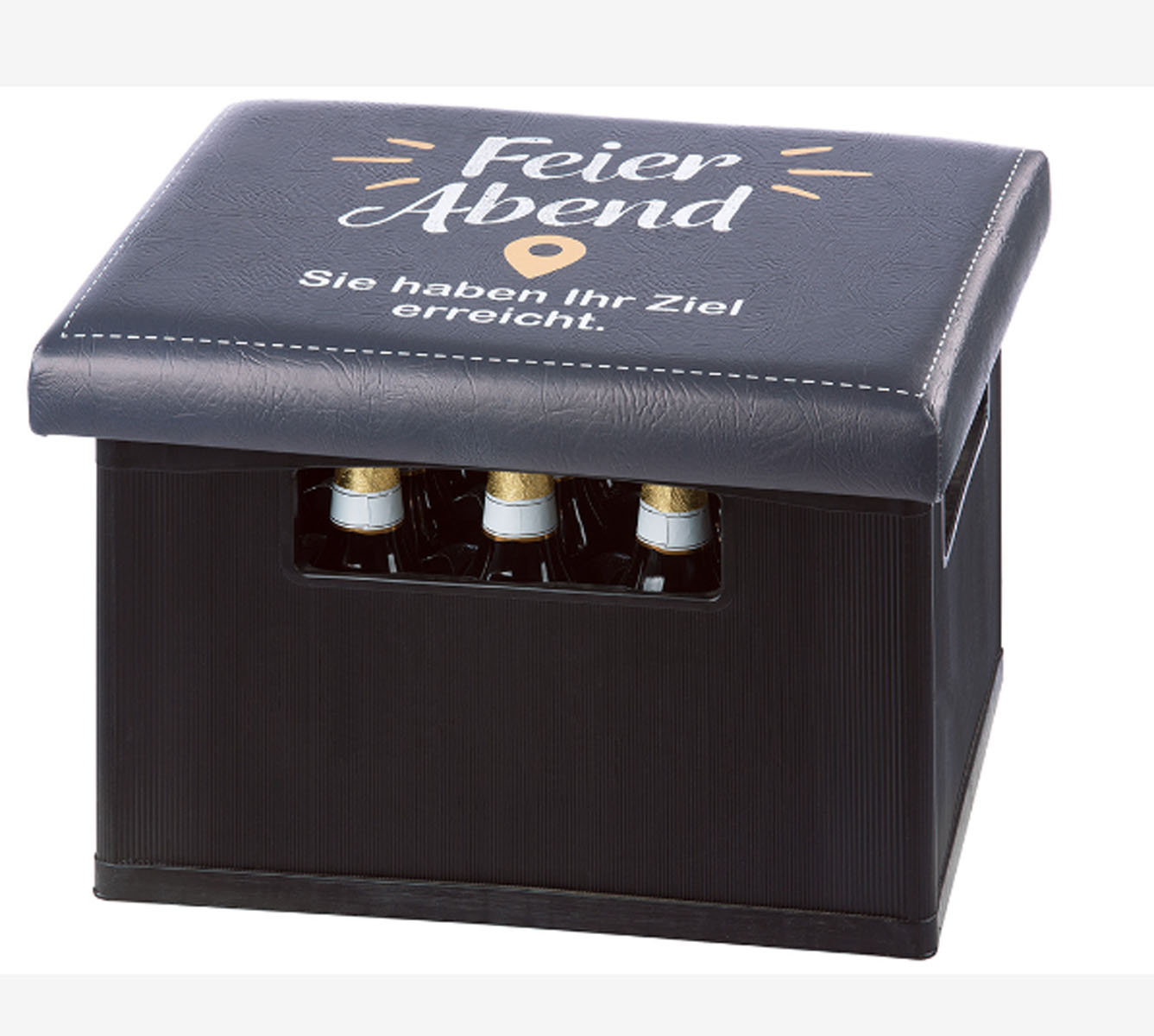 Sitzpolster „Feierabend“ für Bier- und Getränkekisten – schwarz, 44 × 34 × 5 cm