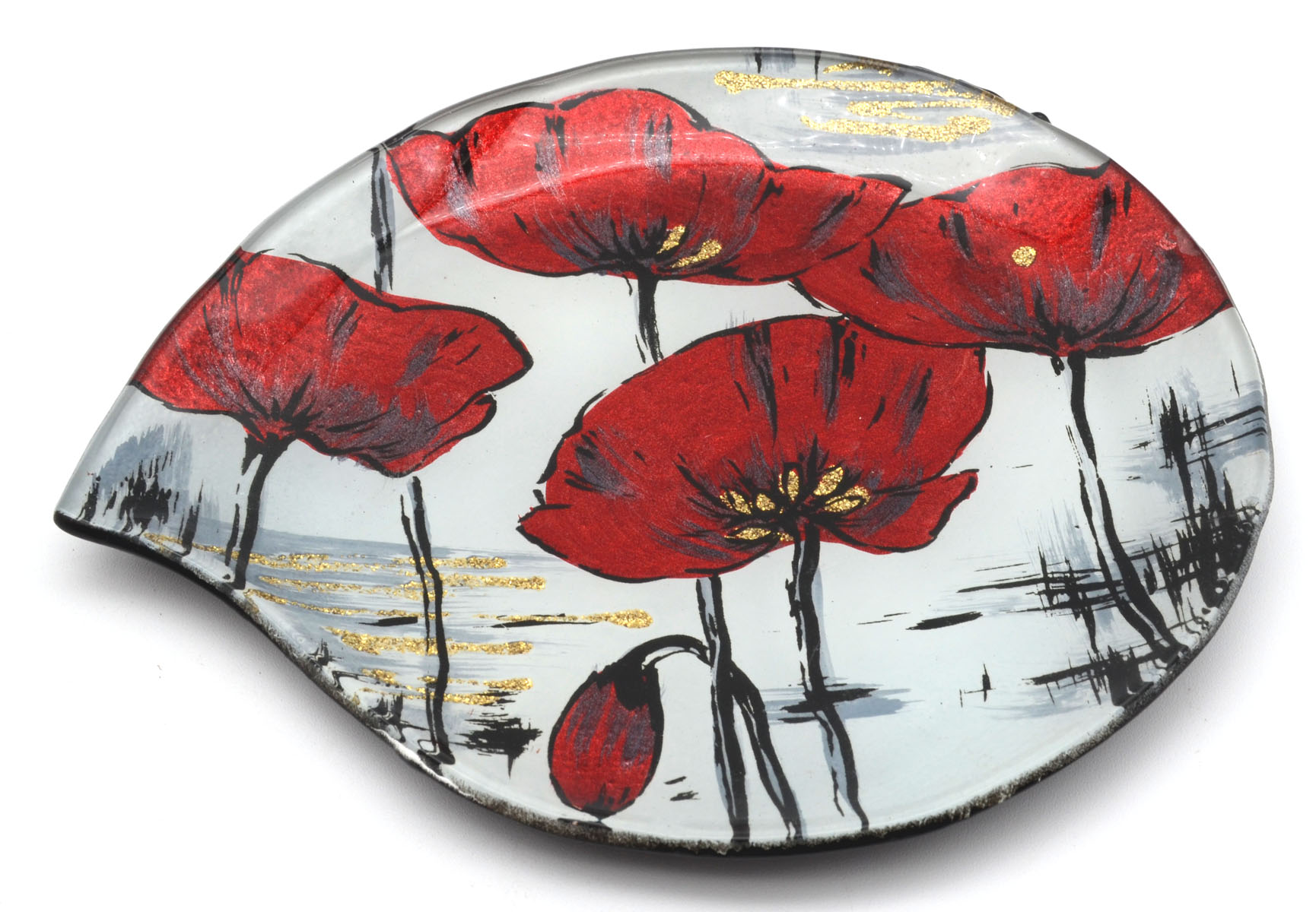 Dekorative Glasplatte Mohnblumen rund Ø 19 cm – Rot-Gold