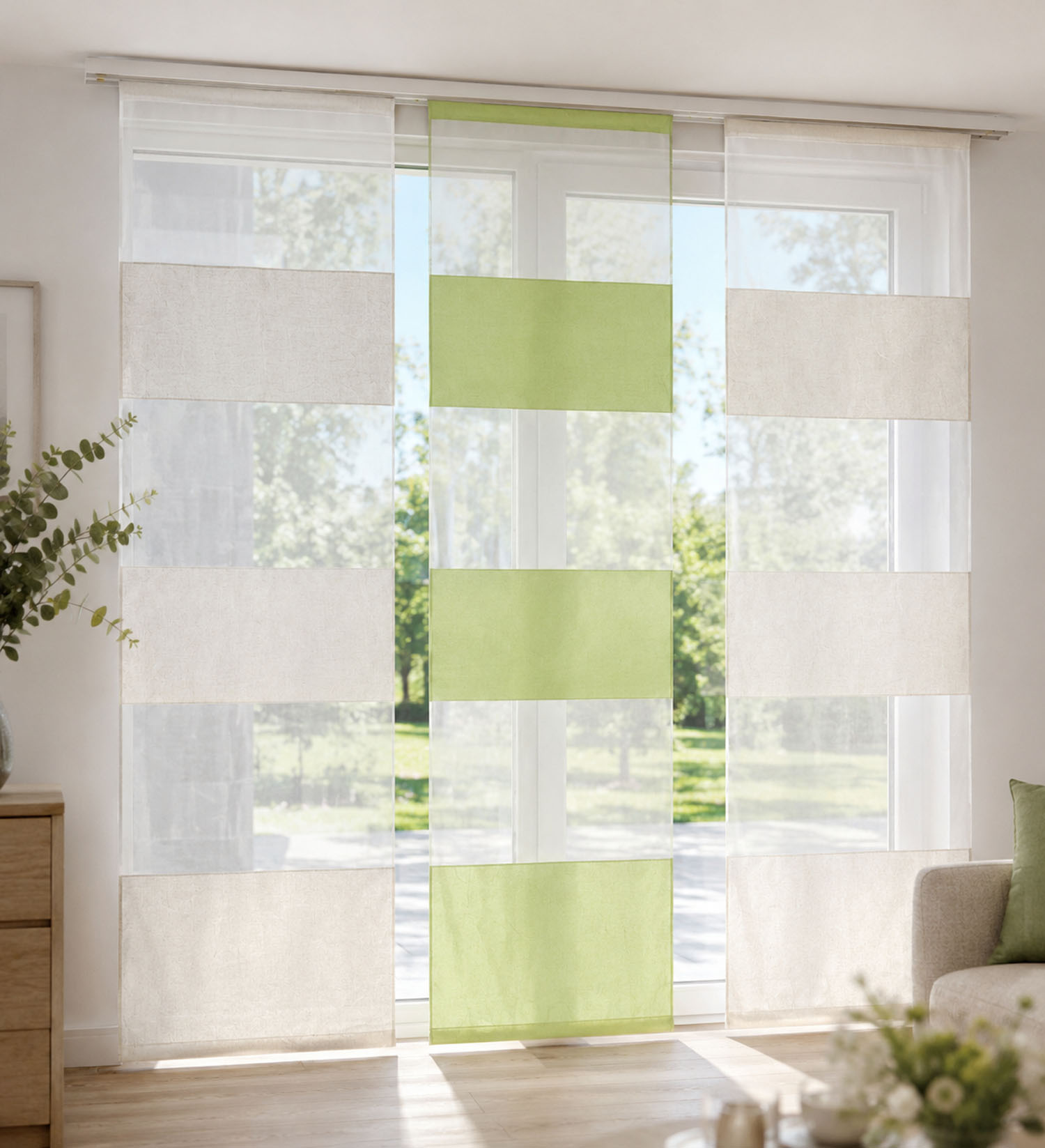 Elegantes Flächenvorhang-Set Weiß-Natur & Apfelgrün – 3-teilig, modern & lichtdurchlässig