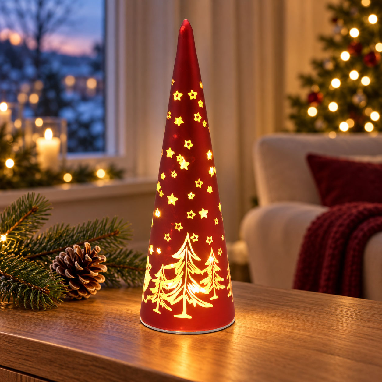 LED-Glastanne rot mit Timer und Weihnachtsmotiv – 25 cm