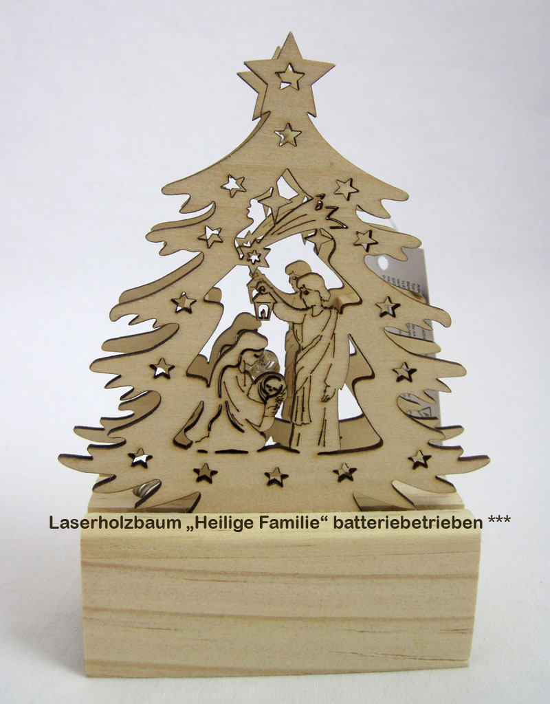 Mini-LED-Laserholz-Baum - Heilige Familie - für Batteriebetrieb 13 x 7 x 11 cm