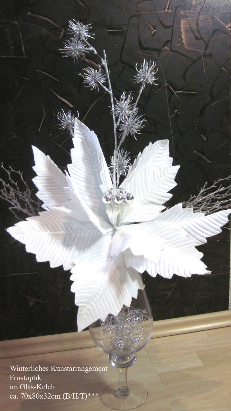 Winterliches Kunstarrangement Frostoptik im Glas-Kelch ca. 70x80x32cm (B/H/T)