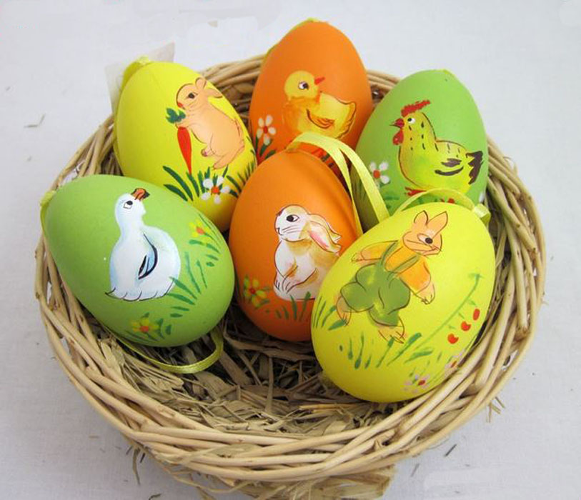 6er Set Deko-Ostereier mit Motiv, grün/gelb/orange