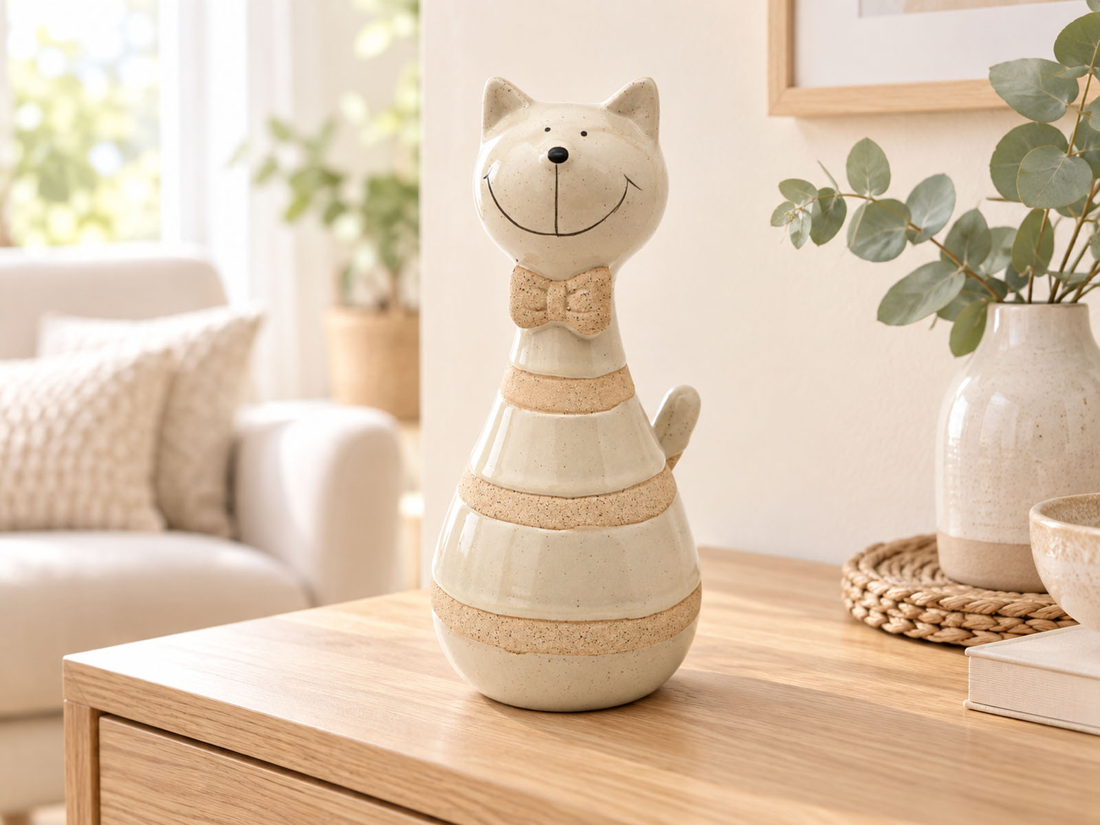 Deko-Katze aus Steinzeug 21 cm creme dunkel