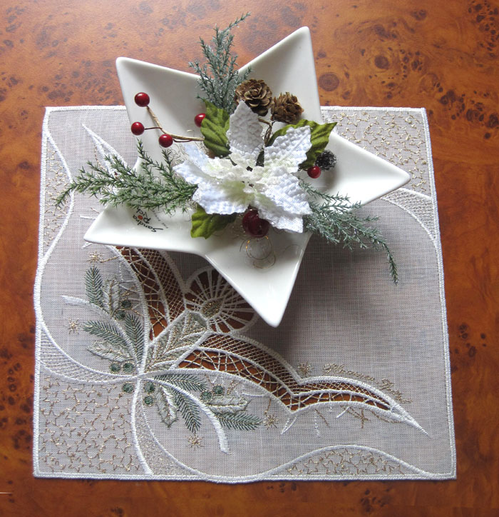 Plauener Spitze Deckchen "Kerzenschein" 60 cm rund ecrú Gold Grün