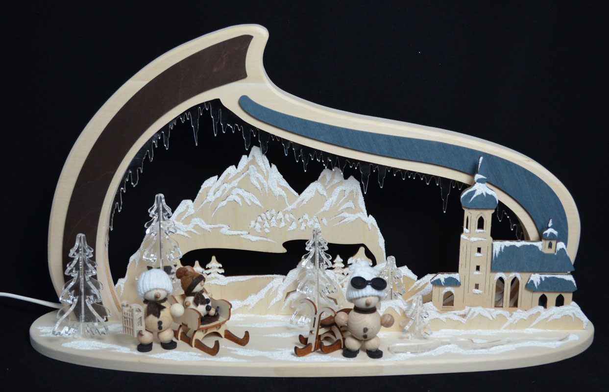 Massivholzbogen Bergkirche mit Snow-Mollies LED ca. 45 x 25 x 15 cm (BxHxT)